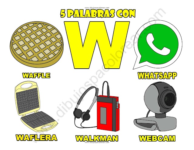 Cinco Palabras con la letra W dibujo a color y para colorear